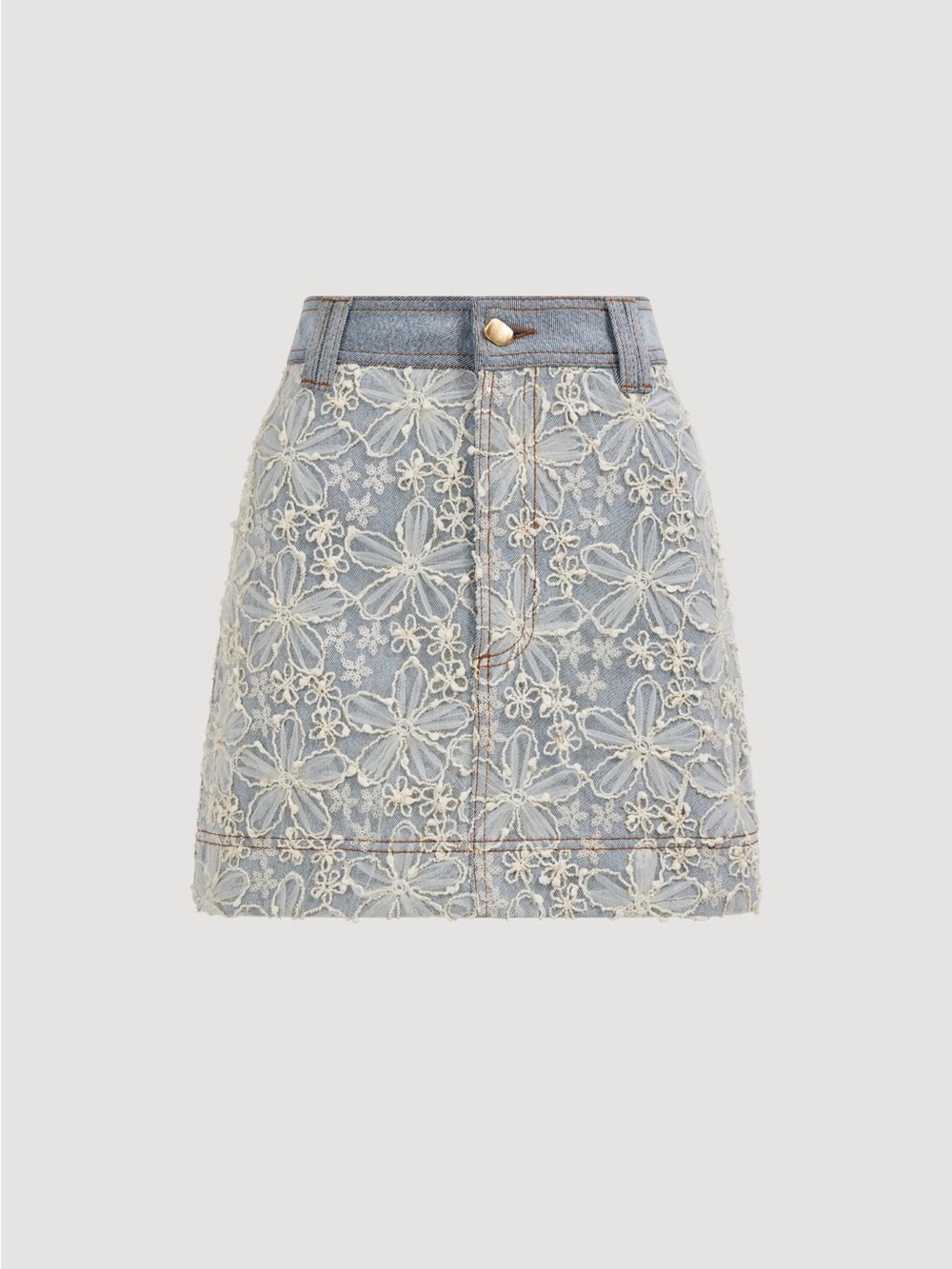 Aje BLOOM LACE Denim Mini Skirt with Cream Floral Lace